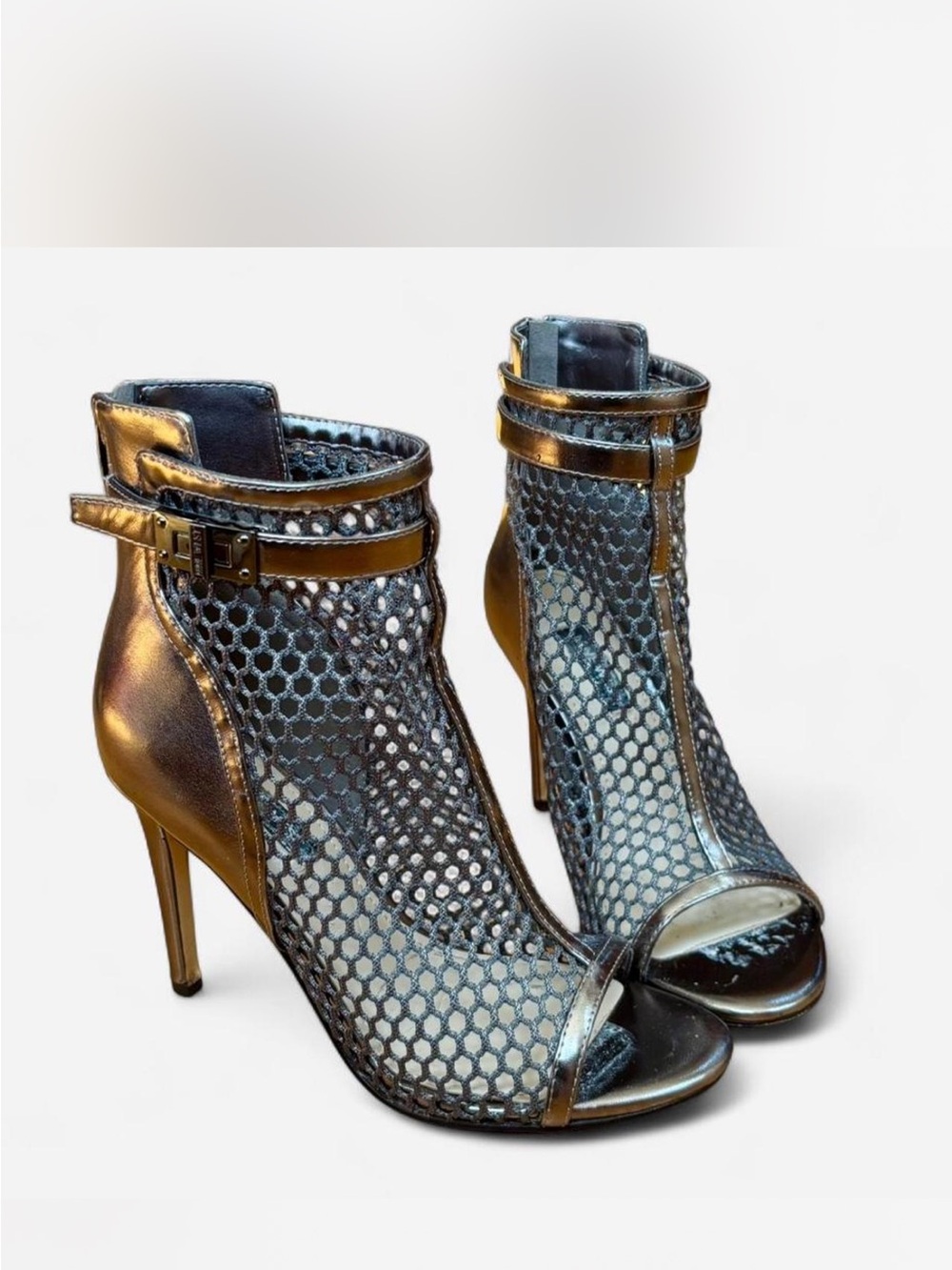 Nine West Metallic Silver Mesh Peep-Toe Ankle Boots